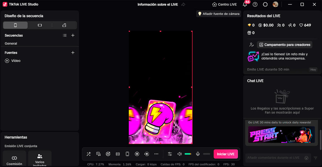 Resultado de una animación de guante potenciador rosado activa en la pantalla de TikTok Live Studio, como parte de la guía paso a paso.