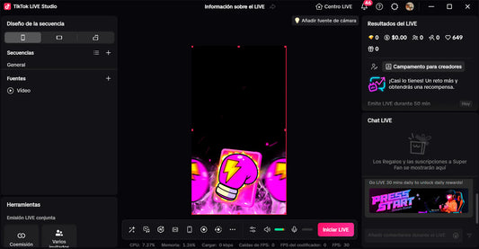 Resultado de una animación de guante potenciador rosado activa en la pantalla de TikTok Live Studio, como parte de la guía paso a paso.